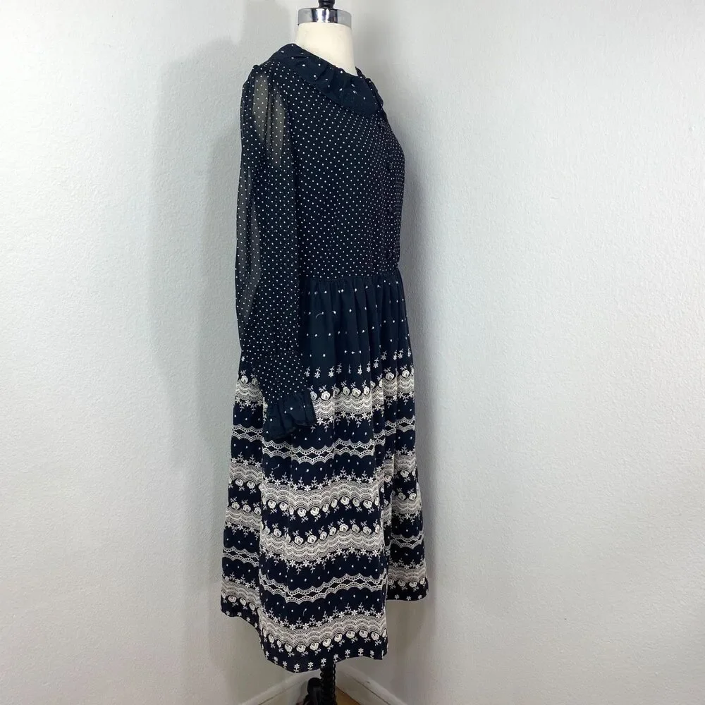 Vtg Black White Embroidered Dress XL Polka Dots Button Front Long Sleeves Boho
